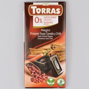 Шоколад TORRAS чорний з рожевим перцем, корицею та чилі без цукру 75г 05577 фото